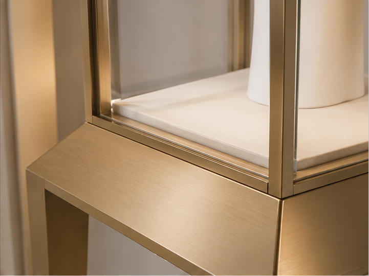 Gold Pedestal Jewelry Display Case | Jewelry-Style Showcase 8 Gold frame, pedestal and anti-reflective glass material details